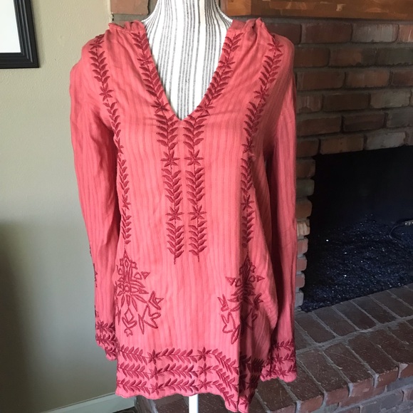 Free People Tops - Free People Red Hooded Embroidered Tunic Sz S